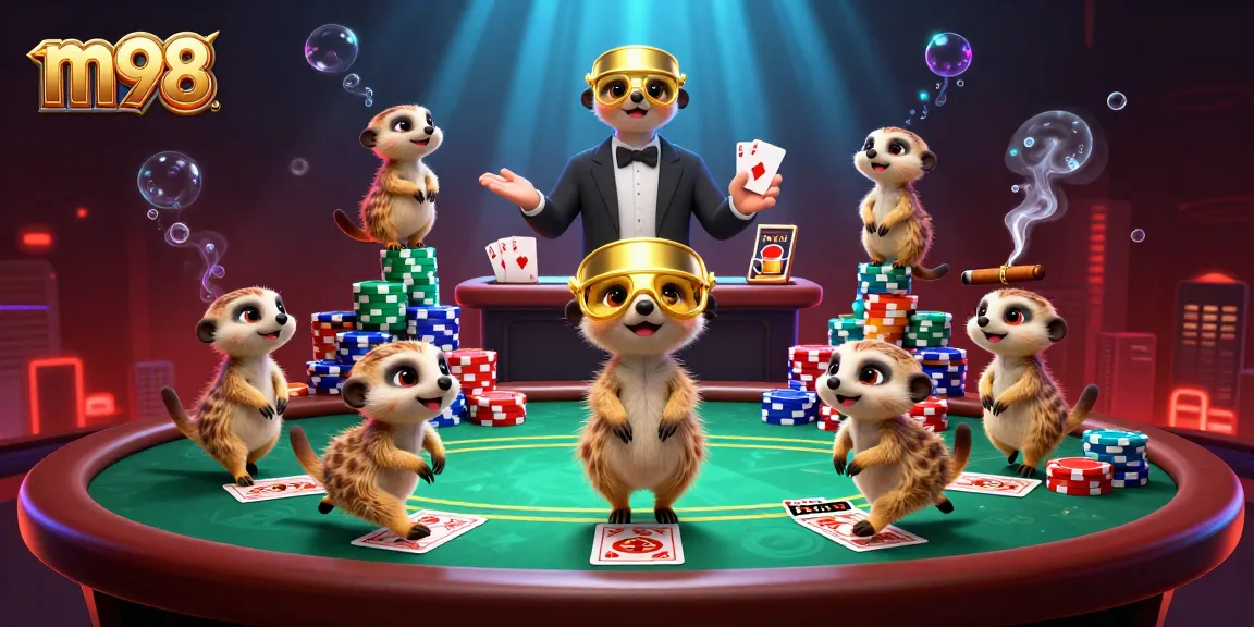 Experience the dynamic casino action at m98 with meerkats in a lively gaming scene filled with poker elements.