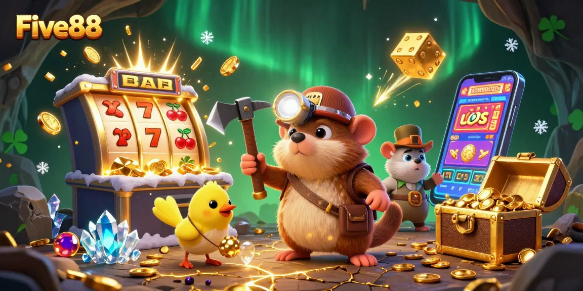 Experience thrilling wins at Five88 with a vibrant treasure scene featuring successful gambling excitement.