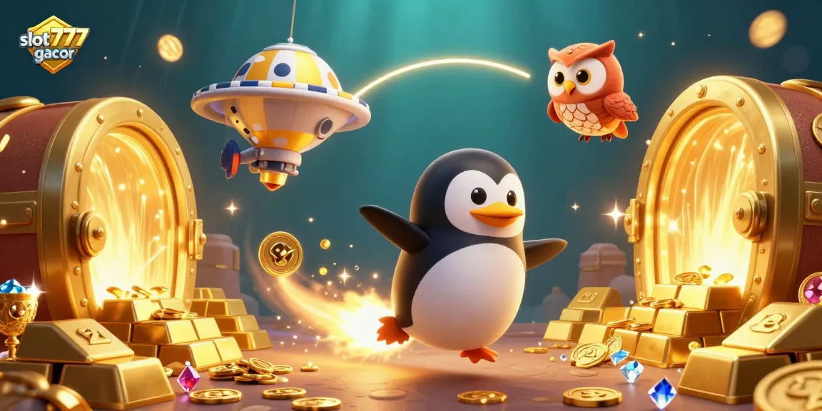 Experience the excitement of slot777 gacor with a golden penguin racing through a casino-themed galaxy.