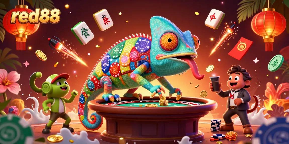 Experience the thrill of red88 with a vibrant 3D casino scene featuring dynamic elements and a whimsical chameleon.
