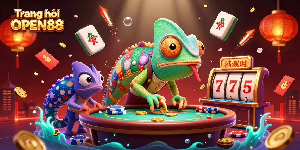Engage with the thrilling world of Trang chủ OPEN88 featuring a vibrant chameleon casino owner amidst dynamic gaming elements.
