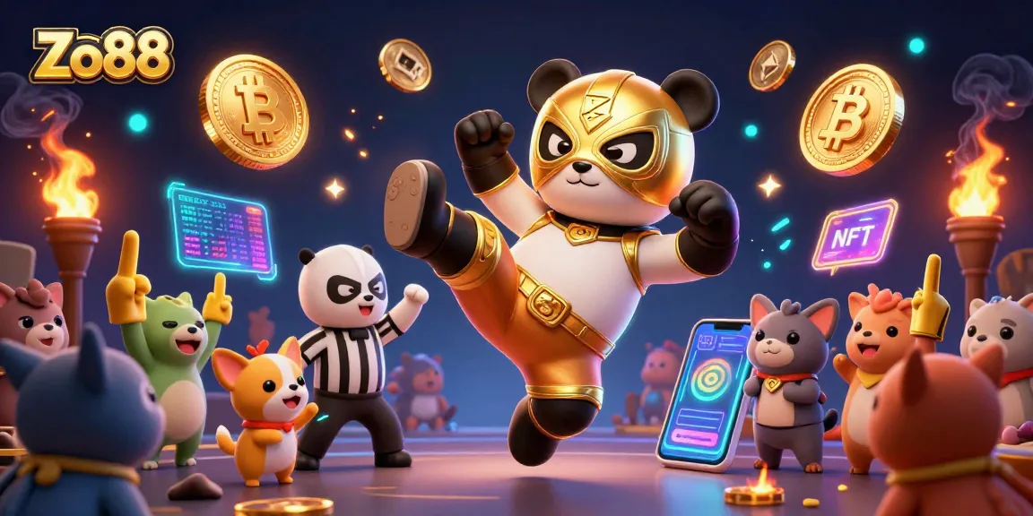 Experience Zo88 gaming excitement with a professional wrestler panda and cryptocurrency elements.