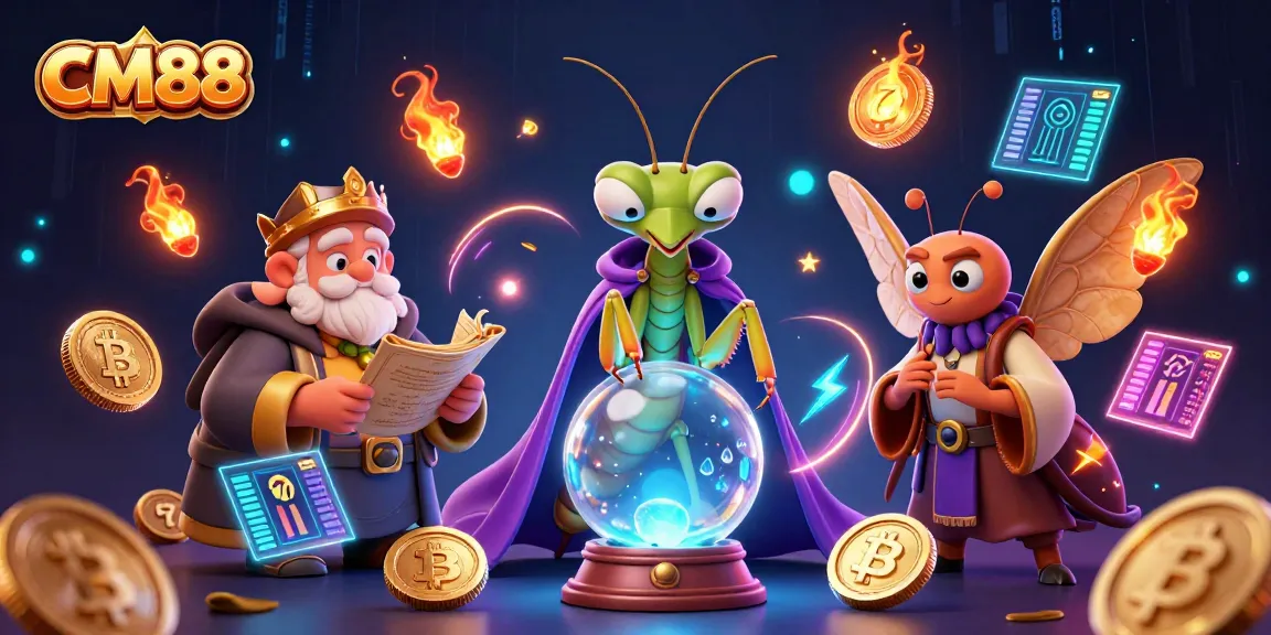 Experience thrilling slots action at CM88 with a vibrant 3D illustration of fortune tellers and crypto coins.