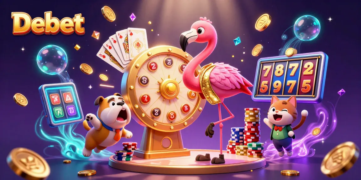 Experience the thrill of winning at Debet with a lively illustration of casino excitement, featuring colorful characters and gambling elements.