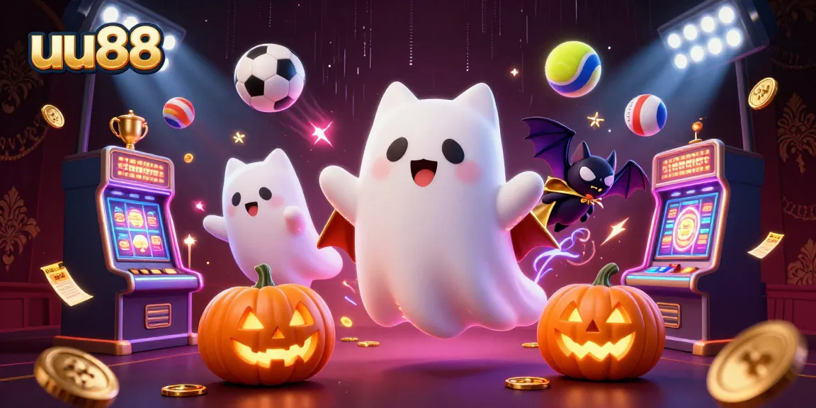 uu88 showcases ghostly characters in a haunted casino with vibrant gaming elements and dynamic scenes.