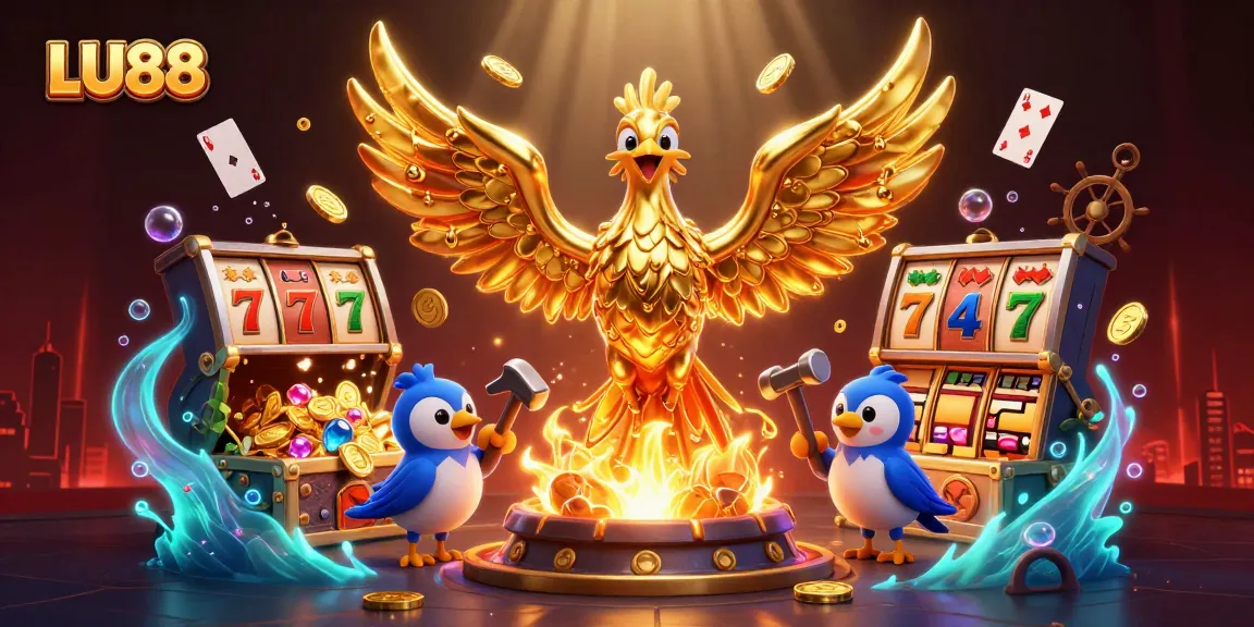 Experience LU88 with vibrant slot reels and a golden phoenix in a dynamic casino scene.