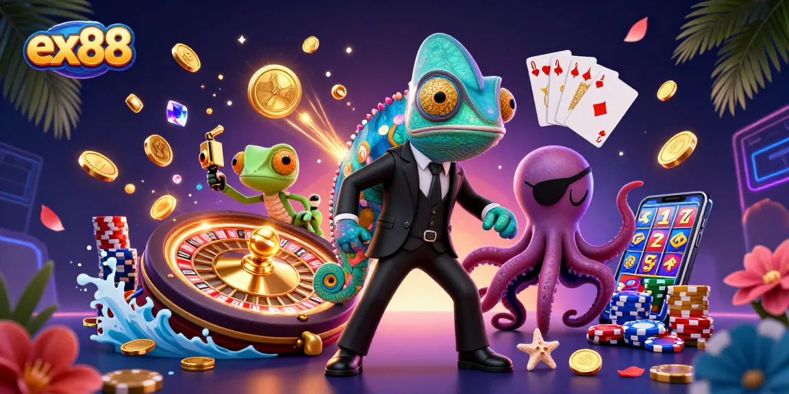 Experience the thrill of ex88 with secret agent characters amidst golden coins and dynamic casino elements.