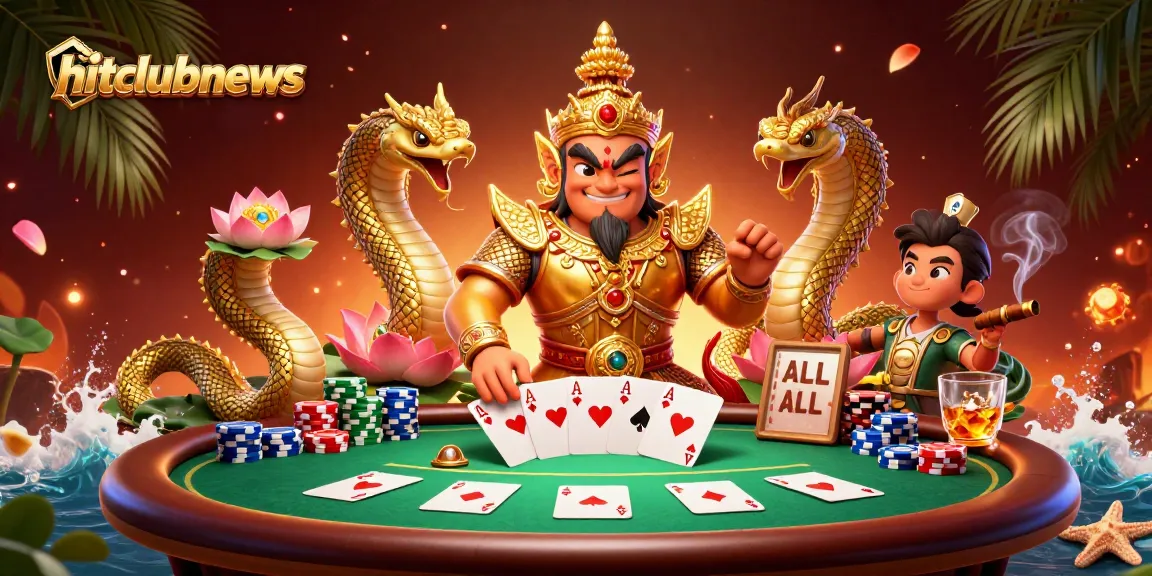 Engage with hitclubnews in a vibrant casino scene with a Thai guardian, poker elements, and dynamic visuals.