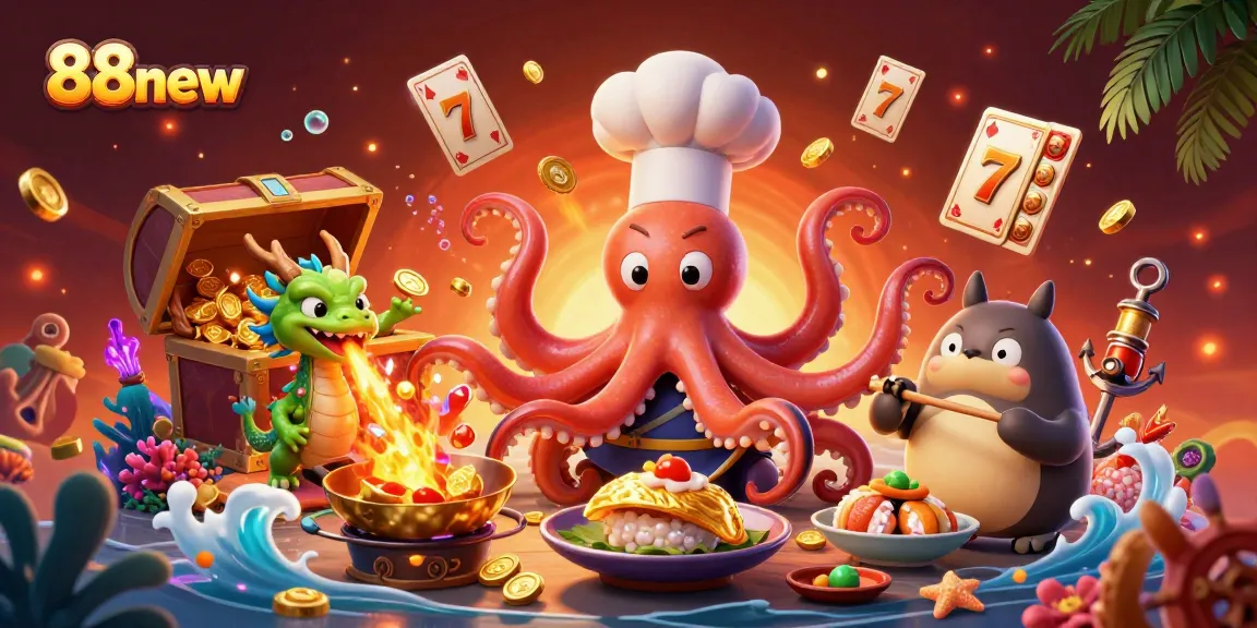 Spin to win with 88new in a vibrant casino scene with animated characters and golden treasures.