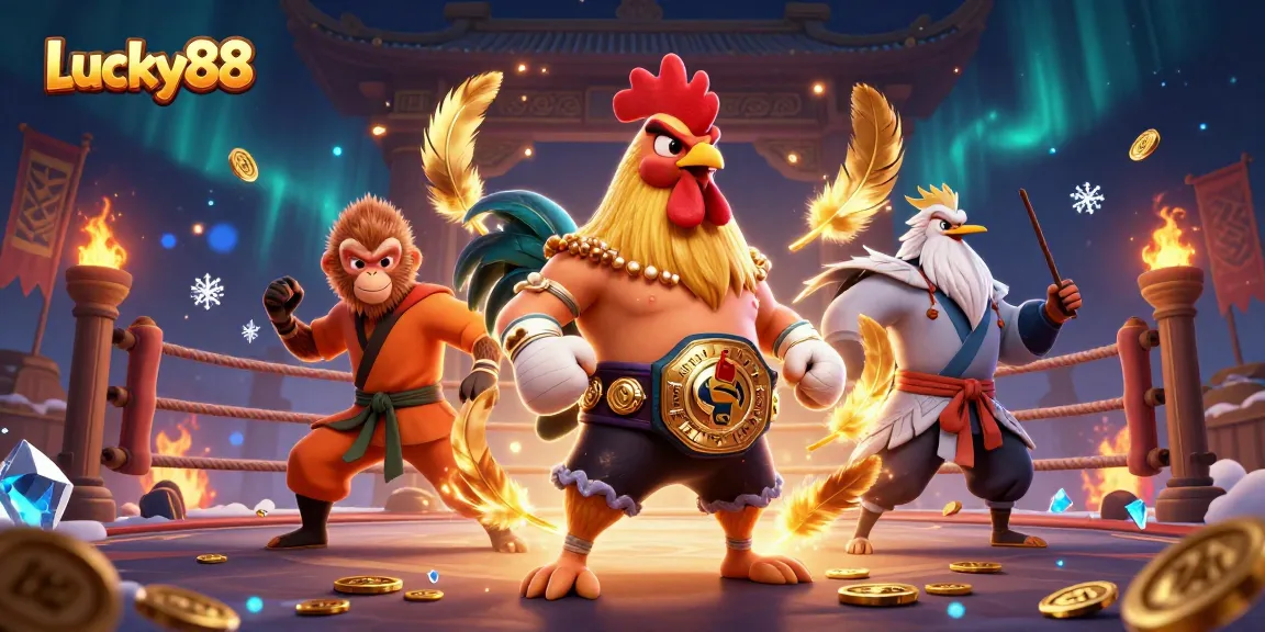 Experience the thrill of Lucky88 with dynamic characters in a vibrant casino scene filled with gold coins and effects.