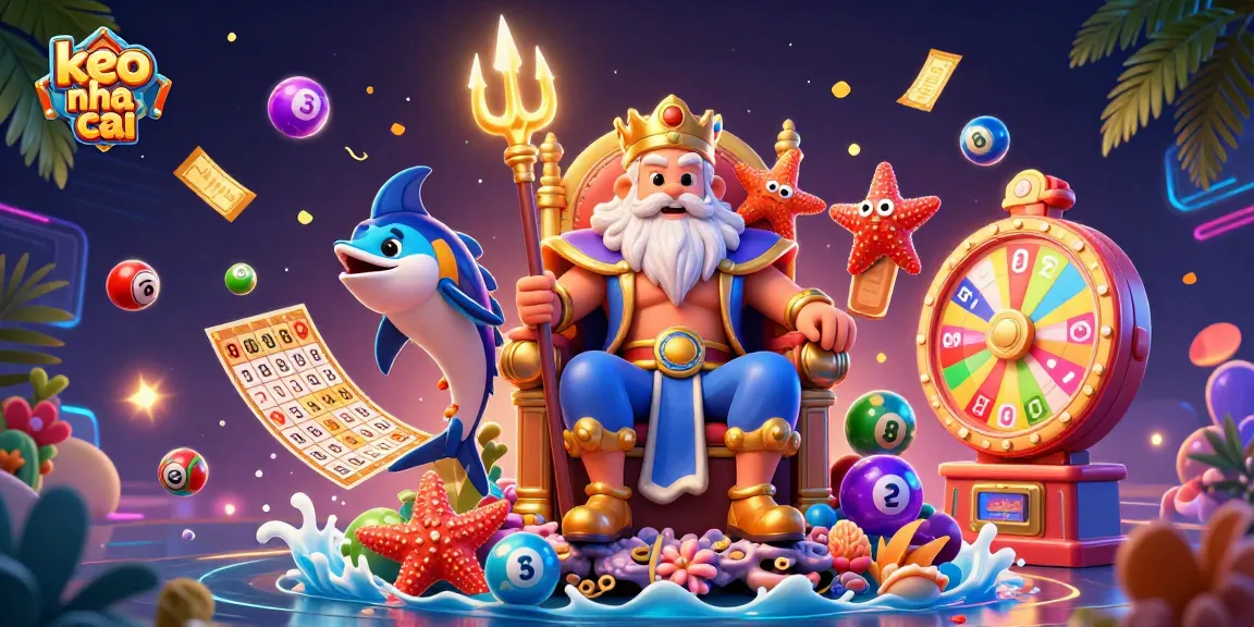 Experience keo nha cai thrills with Neptune and vibrant lottery elements in a dynamic 3D illustration.