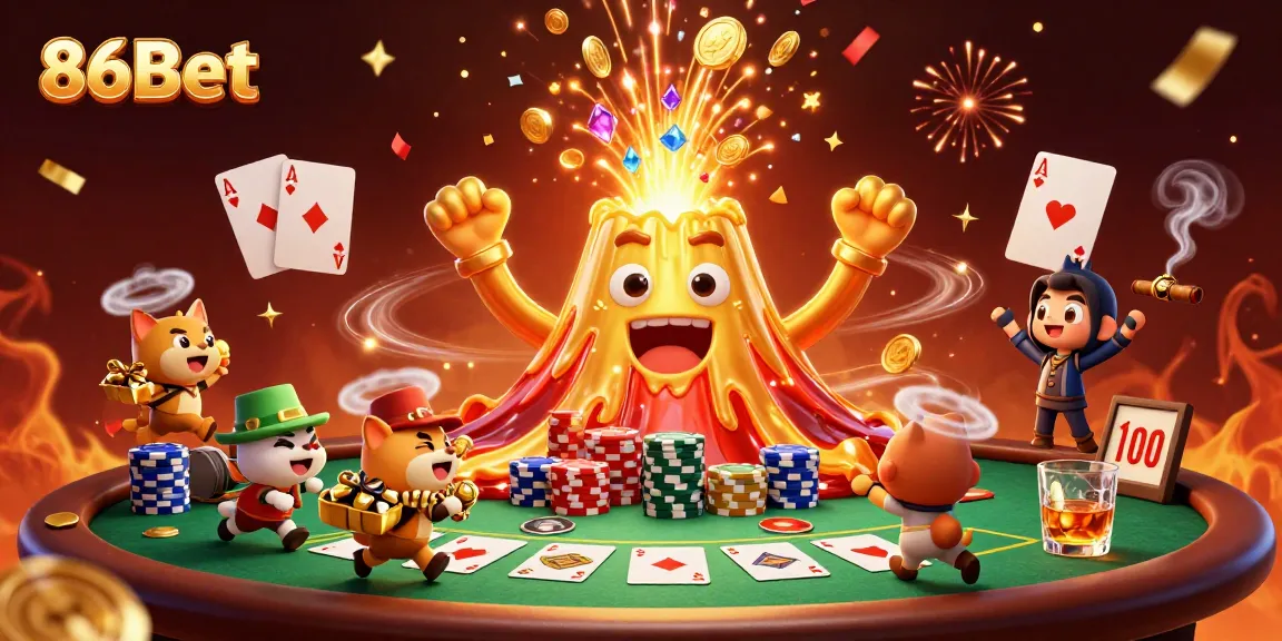 Engage in vibrant casino action with 86Bet amidst treasures, poker elements, and festive decorations.