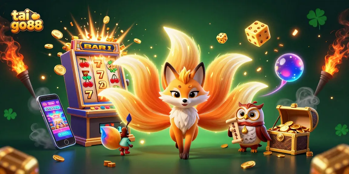 Experience the excitement of tai go 88 with glowing foxes, slot machines bursting coins, and colorful spirit orbs!