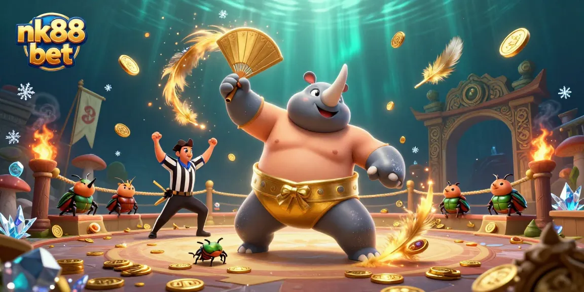 Win big with nk88 bet in this vibrant casino-themed scene featuring beetles in action.