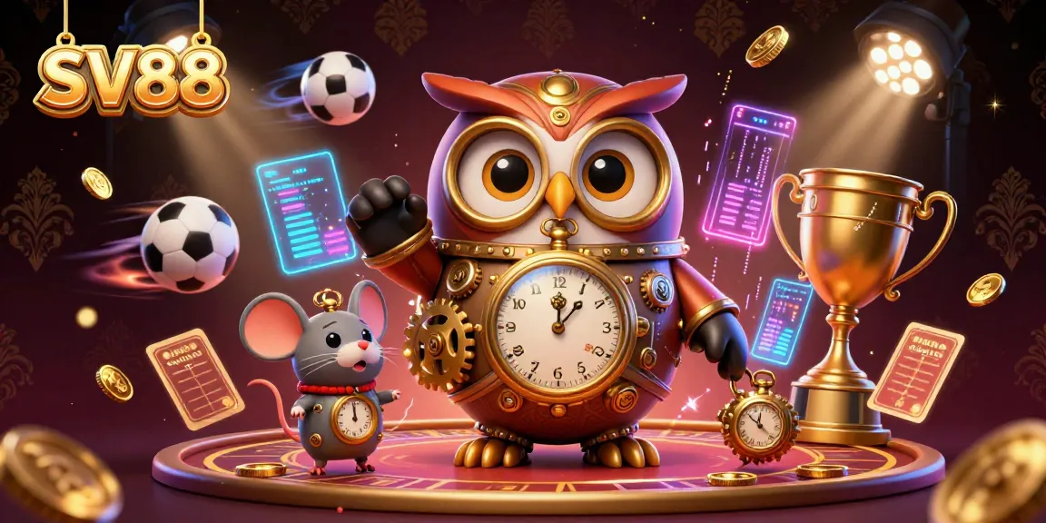 Engage with SV88, a dynamic steampunk casino scene featuring whimsical characters and vibrant sports elements.