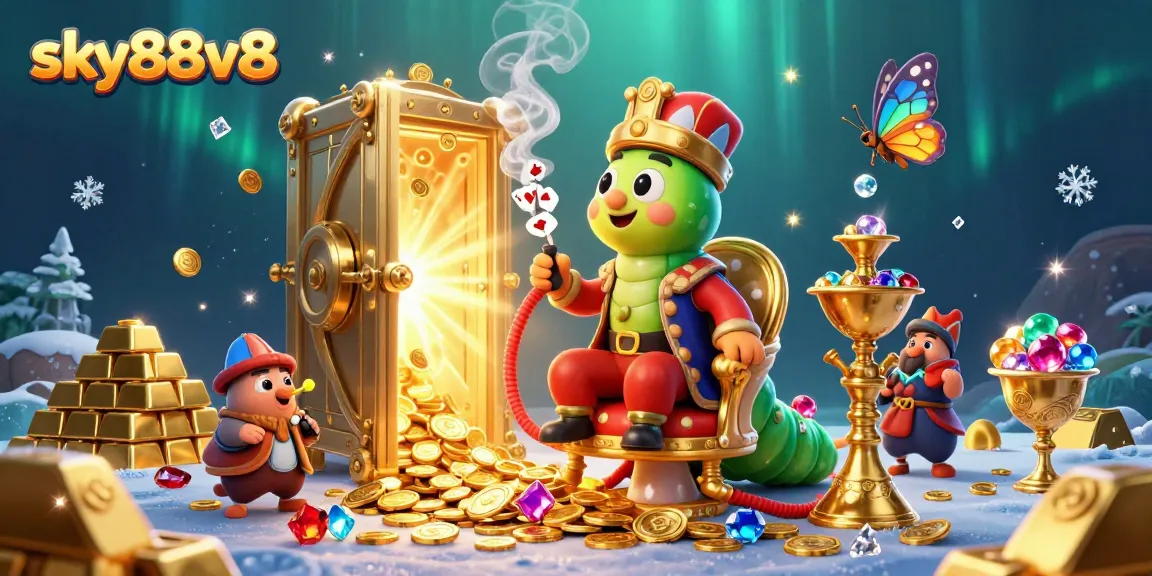 Experience the excitement of sky88v8 with this vibrant 3D casino illustration showcasing poker symbols and treasures.