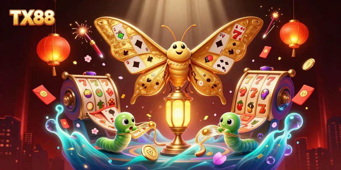 Spin the TX88 slot reels amidst vibrant casino illustrations and captivating characters.