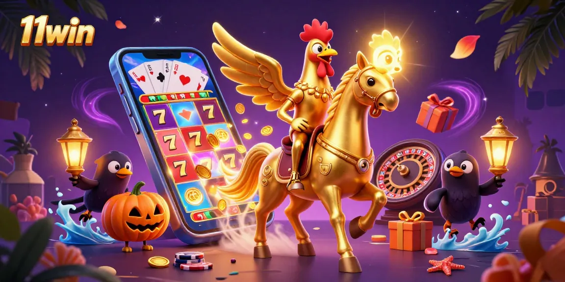 Experience the vibrant world of betting with 11win, featuring gold coins and spinning slots in a dynamic casino scene.