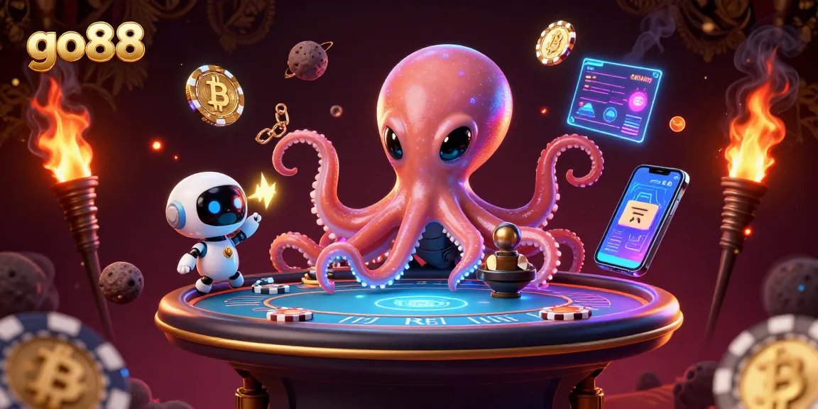 Go88 alien octopus engaging players at a holographic poker table, creating excitement in gambling.