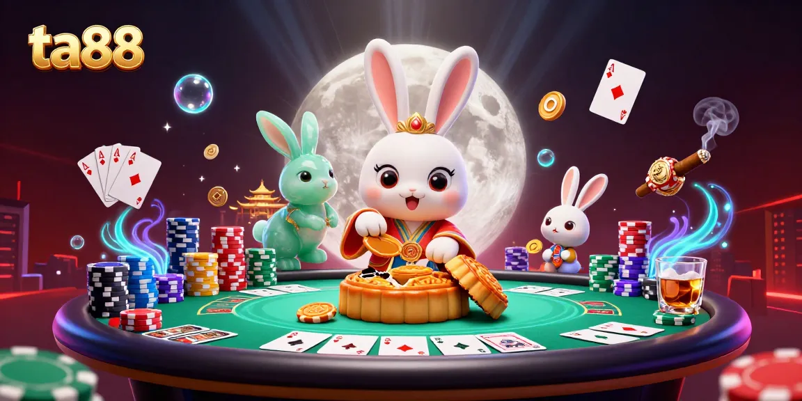 Experience ta88's captivating universe with the moon rabbit gambling among poker chips and mooncakes.