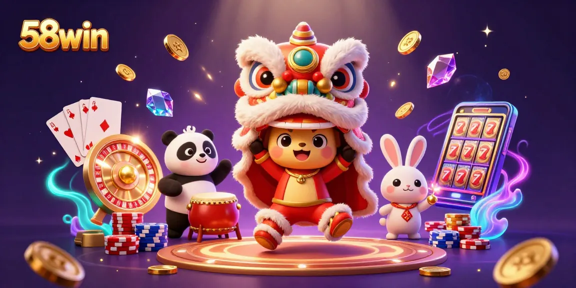 Experience the excitement of 58win with vibrant casino-themed 3D illustration featuring engaging characters.