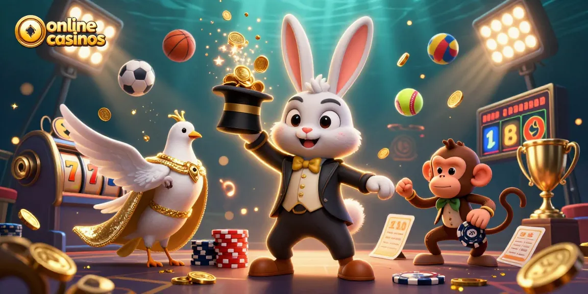 Engaging scene illustrating online casinos with a magician rabbit, dove, and monkey amid slot reels and sparkling coins.