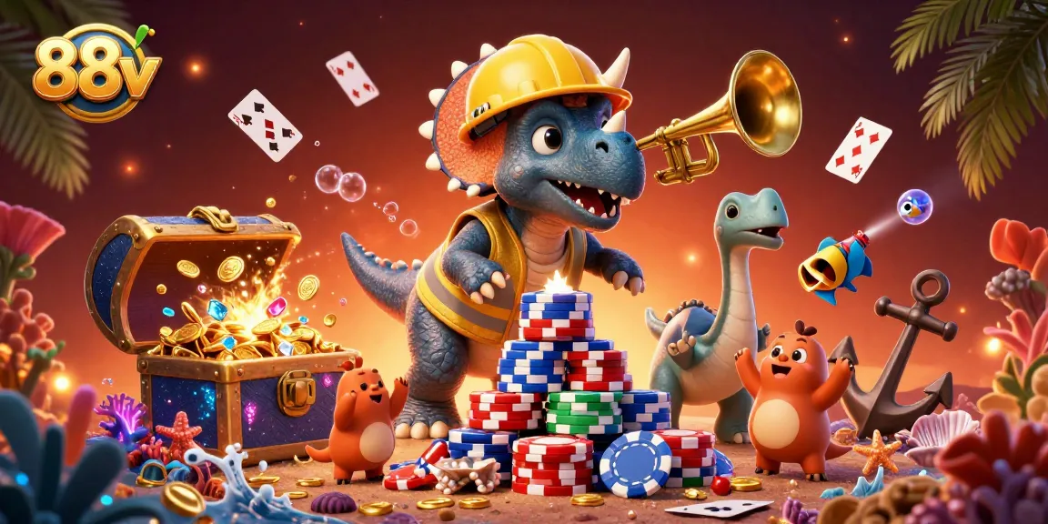 88vv showcases a lively casino scene with a celebrating dinosaur and vibrant gaming elements.