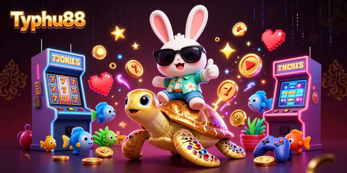 Typhu88 showcases thrilling slots and jackpots with a vibrant 3D scene filled with luck and excitement.