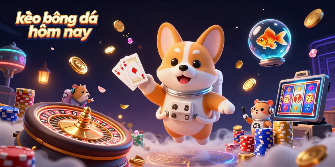 Engage with kèo bóng đá hôm nay in a vibrant scene featuring a cartoon corgi astronaut in a space casino.