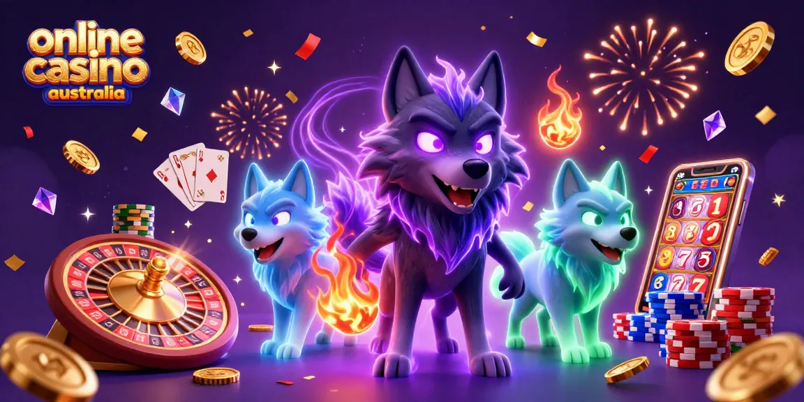 Engage with the online casino Australia vibe through vibrant 3D illustration featuring spooky wolves and a dynamic gaming scene.