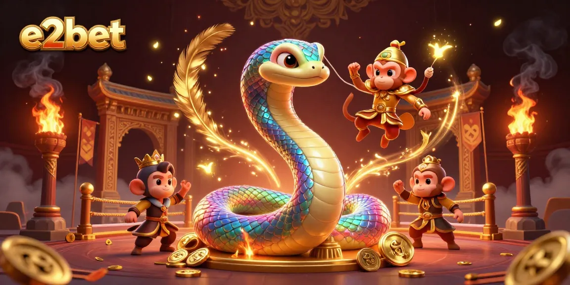 E2bet's exciting gaming universe featuring a vibrant serpent and monkey king in a dynamic casino atmosphere.