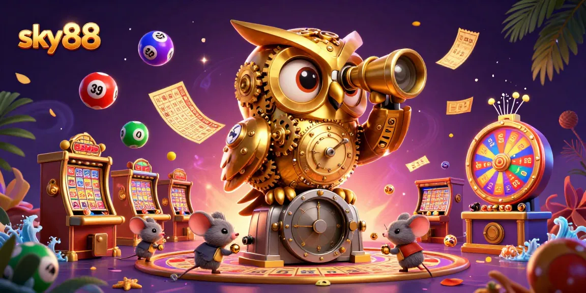 Experience thrilling action at sky88 with a captivating 3D illustration showcasing an owl, vibrant lottery elements, and casino excitement.