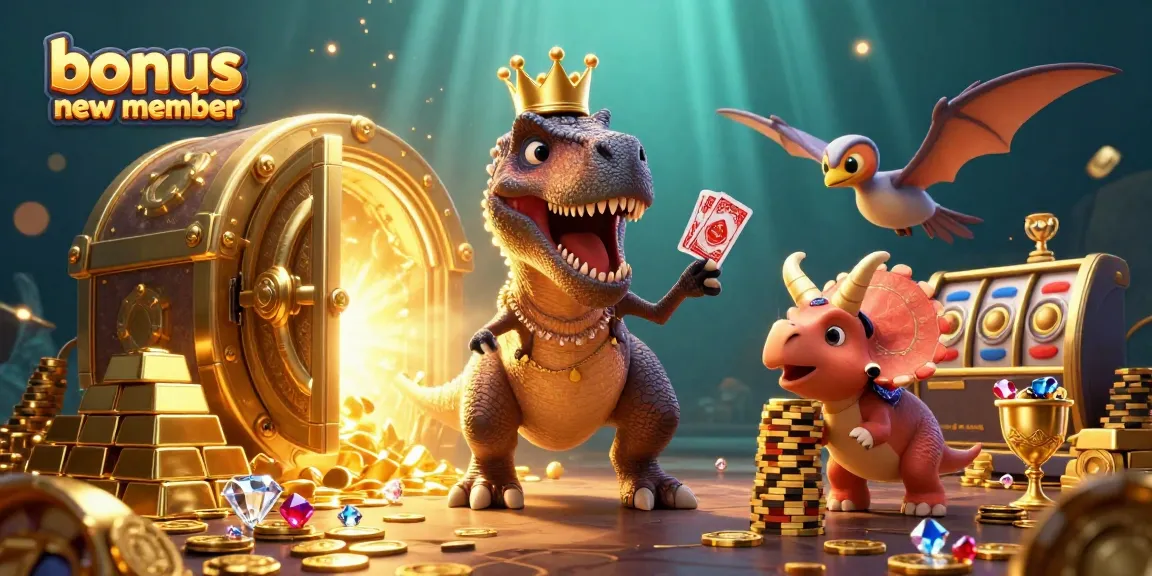 Engage with this vibrant casino scene featuring the bonus new member alongside playful dinosaur characters and golden treasures.