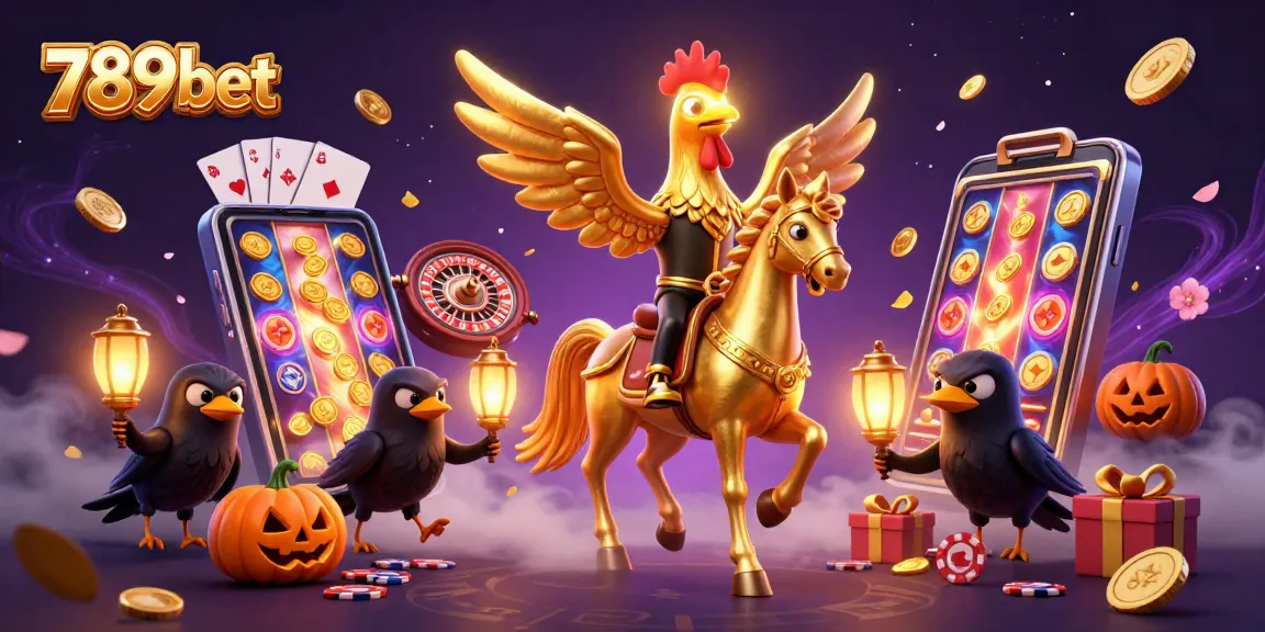Engage with 789bet's thrilling games while a golden rooster navigates the vibrant casino scene.