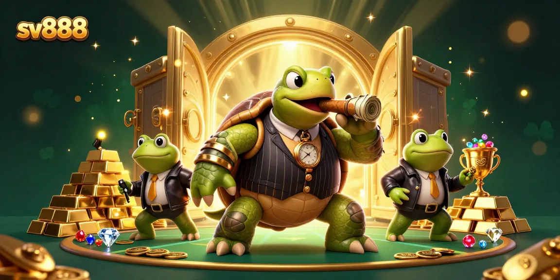 Join the excitement at sv888 with a vibrant 3D casino scene featuring a turtle mobster and bullfrog enforcers.
