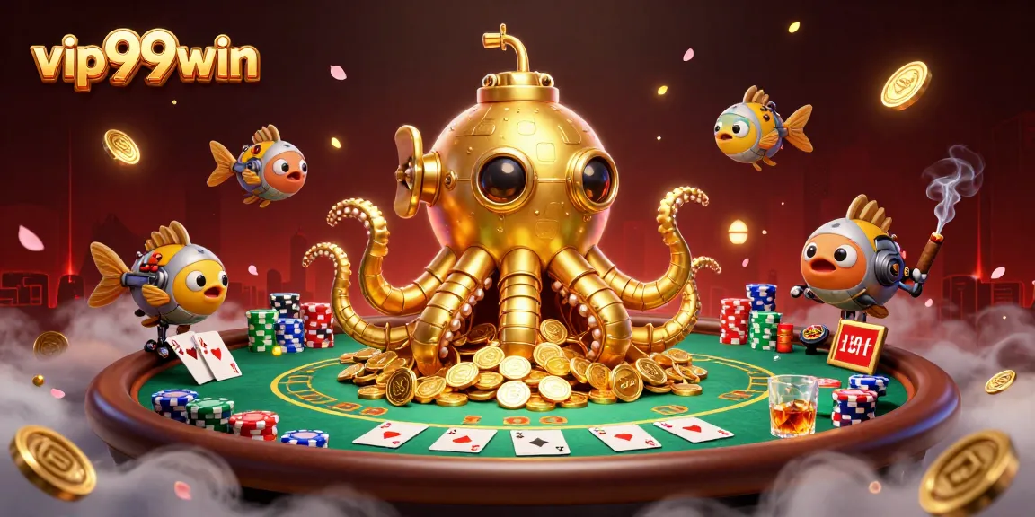 Experience thrilling gaming at vip99win with a stunning 3D casino scene featuring poker elements and a golden kraken.