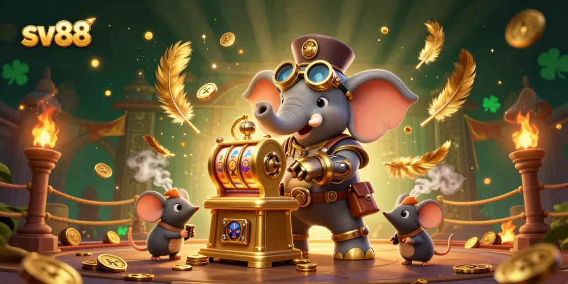 Experience the thrill of winning at SV88 as a 3D steampunk elephant spins a golden slot machine.
