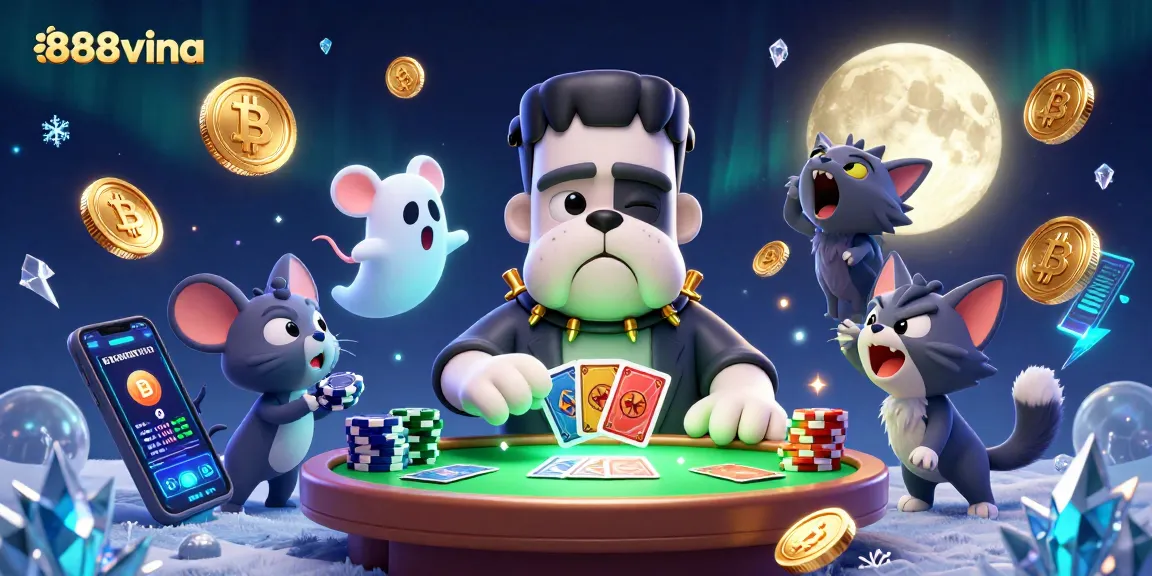 Play cards with 888vina's iconic characters in a vibrant casino environment.