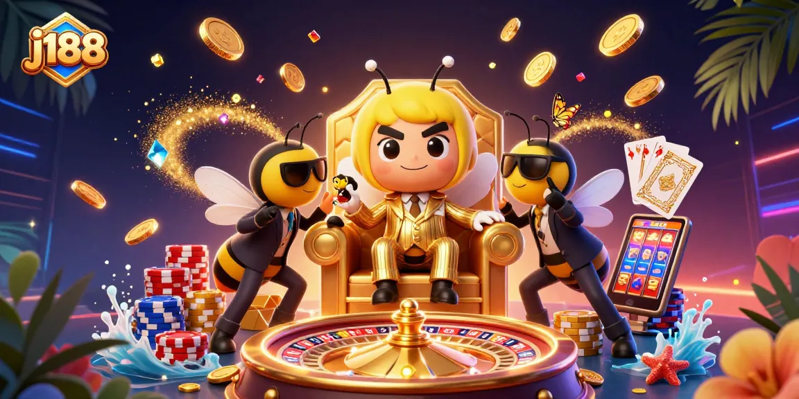 Engage with j188's thrilling casino experience featuring a cartoon bumblebee mob boss surrounded by exciting games and riches.